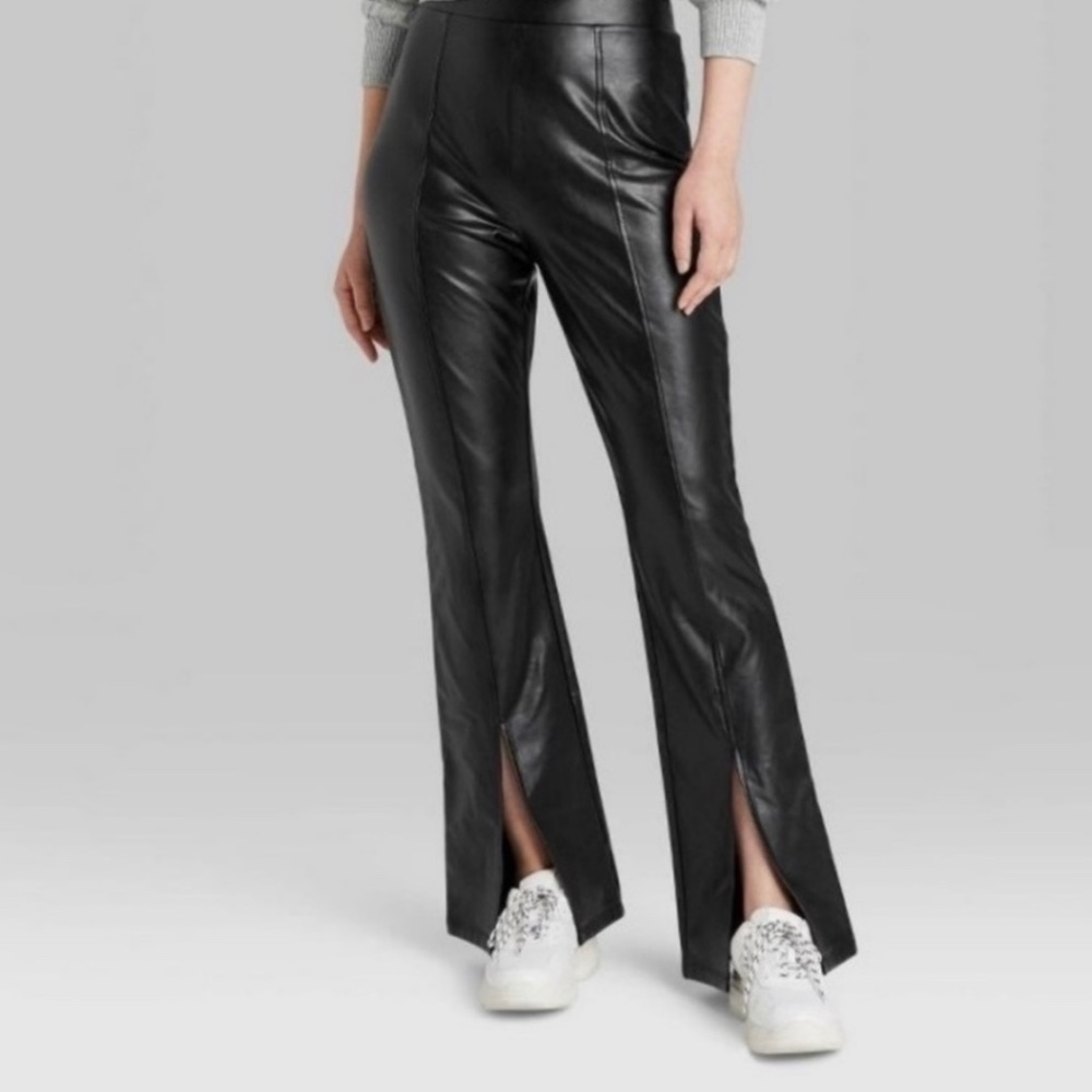 Slit Front Faux Leather Flare Pants